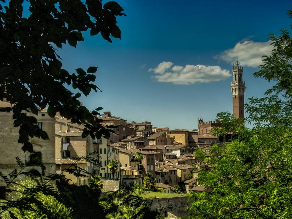 Tejados de terracota de Siena con la torre del Mangia recortada contra un cielo azul intenso