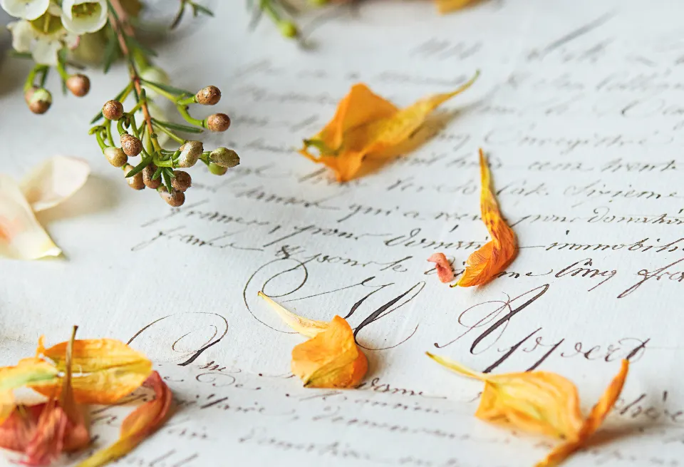 Handschriftliche Kalligrafie auf gealtertem cremefarbenem Papier, bestreut mit getrockneten orangefarbenen Blütenblättern