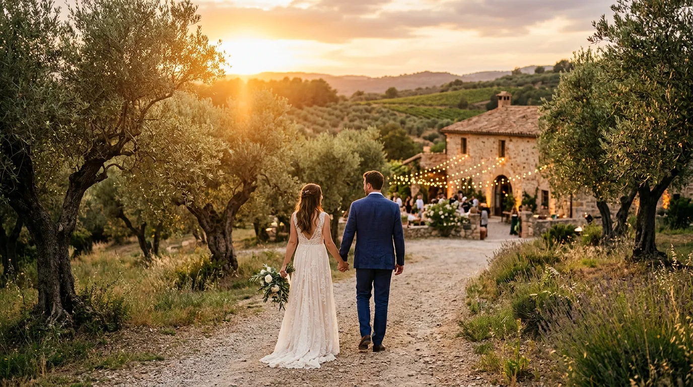 Pareja de recién casados caminando entre olivos hacia una finca iluminada al atardecer