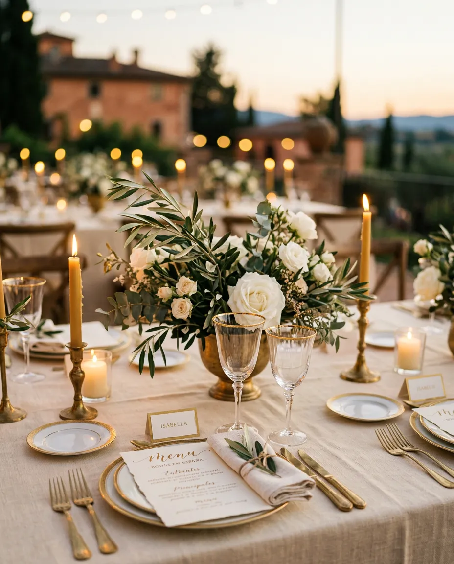 Mesa de banquete de boda decorada con elegancia